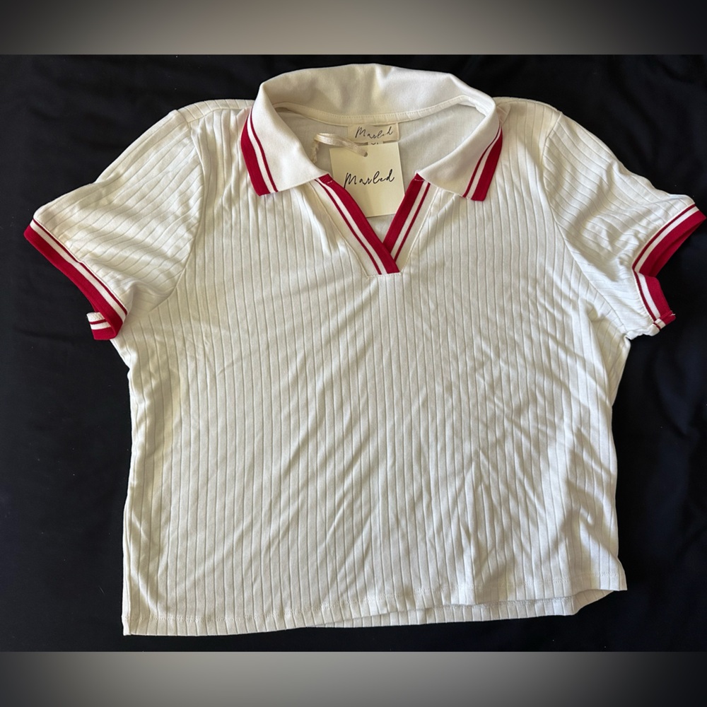 White cropped Polo Shirt with Red Accents